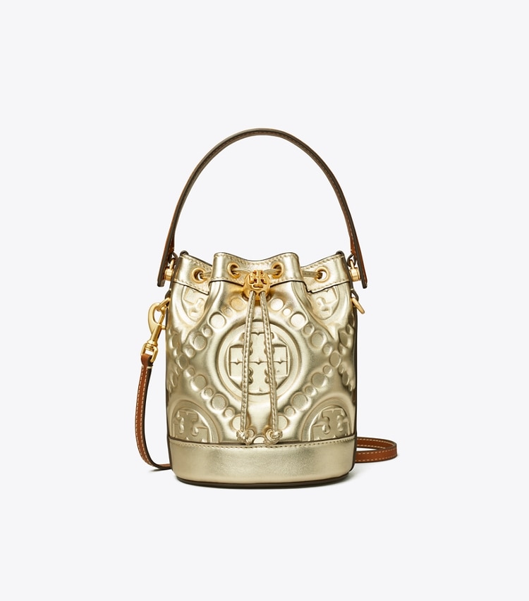 TORY BURCH WOMEN'S T MONOGRAM EMBOSSED METALLIC MINI BUCKET BAG - Gold