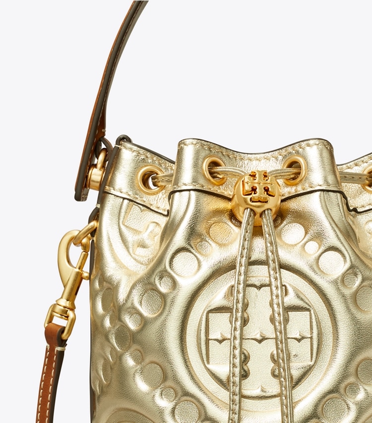 TORY BURCH WOMEN'S T MONOGRAM EMBOSSED METALLIC MINI BUCKET BAG - Gold