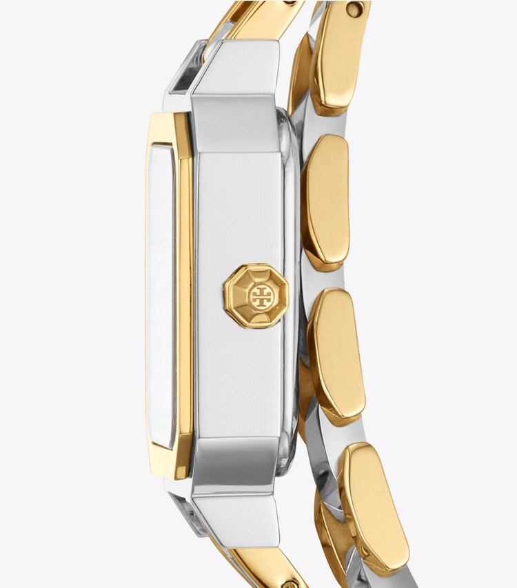 TORY BURCH WOMEN'S ROBINSON MINI WATCH, TWO-TONE GOLD/STAINLESS STEEL - Silver/Gold/Ivory - Click Image to Close