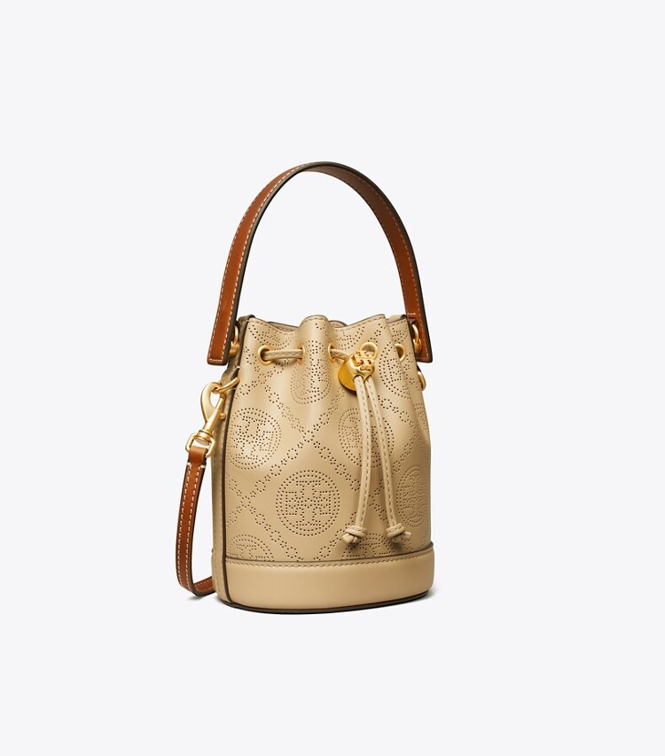 TORY BURCH WOMEN'S MINI T MONOGRAM PERFORATED LEATHER BUCKET BAG - Almond Flour