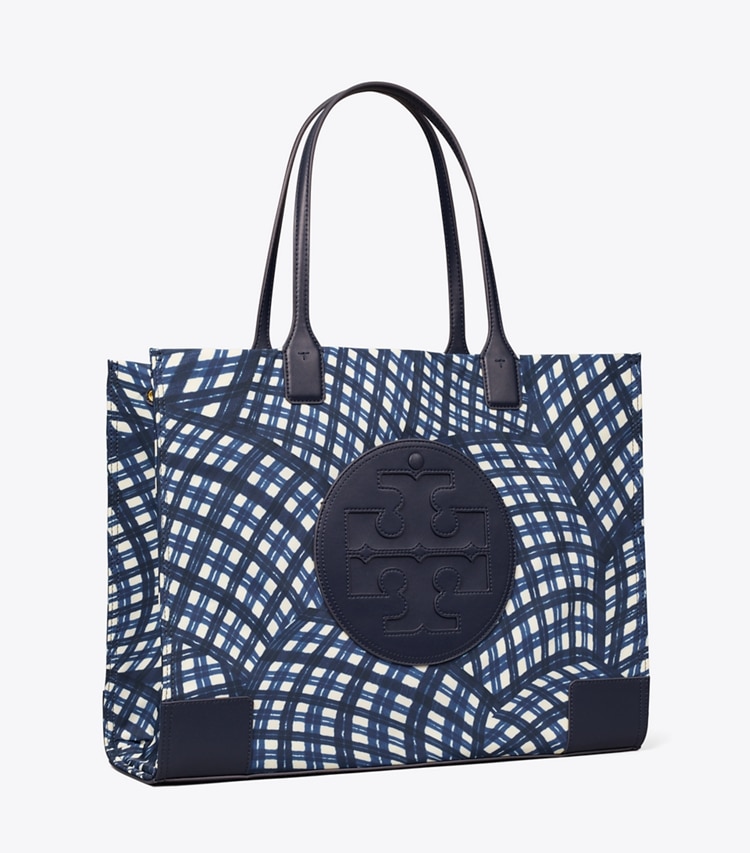 TORY BURCH WOMEN'S ELLA PRINTED TOTE - Navy Warped Gingham - Click Image to Close