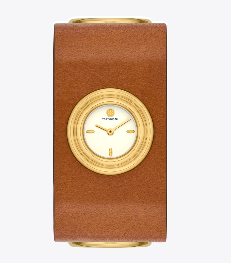 TORY BURCH WOMEN'S LEATHER CUFF WATCH, GOLD-TONE STAINLESS STEEL - Ivory/Cuoio