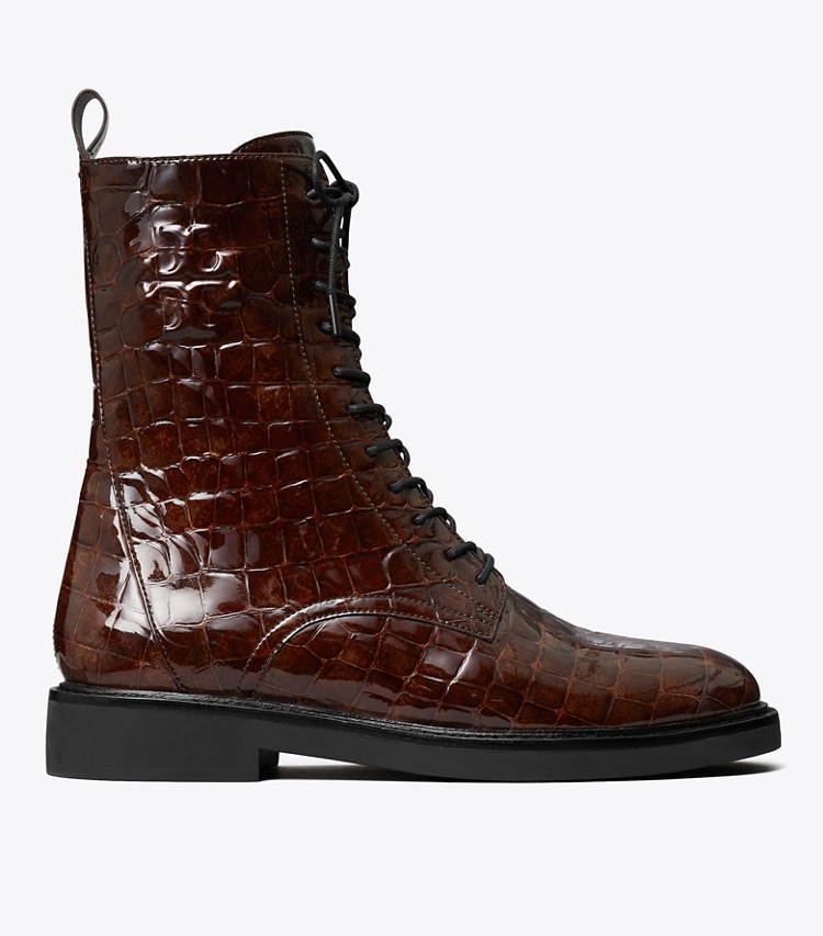 TORY BURCH WOMEN'S DOUBLE T COMBAT BOOT - Brown Croc - Click Image to Close