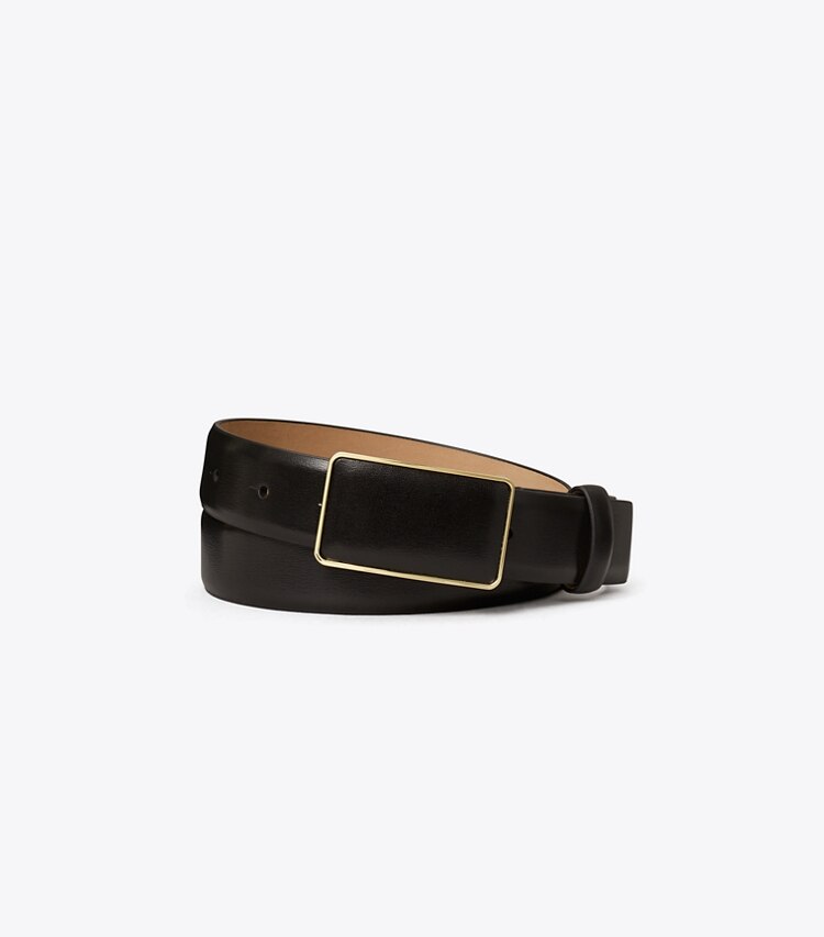 TORY BURCH WOMEN'S SMOOTH LEATHER PLATE BELT - Black / Gold