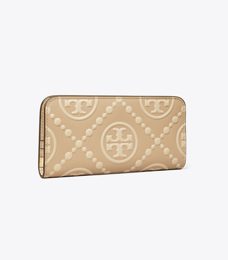 TORY BURCH WOMEN'S T MONOGRAM CONTRAST EMBOSSED ZIP SLIM WALLET - Longan / New Cream