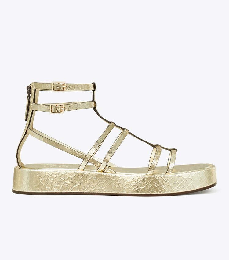 TORY BURCH WOMEN'S CAPRI METALLIC PLATFORM GLADIATOR SANDAL - Platino - Click Image to Close