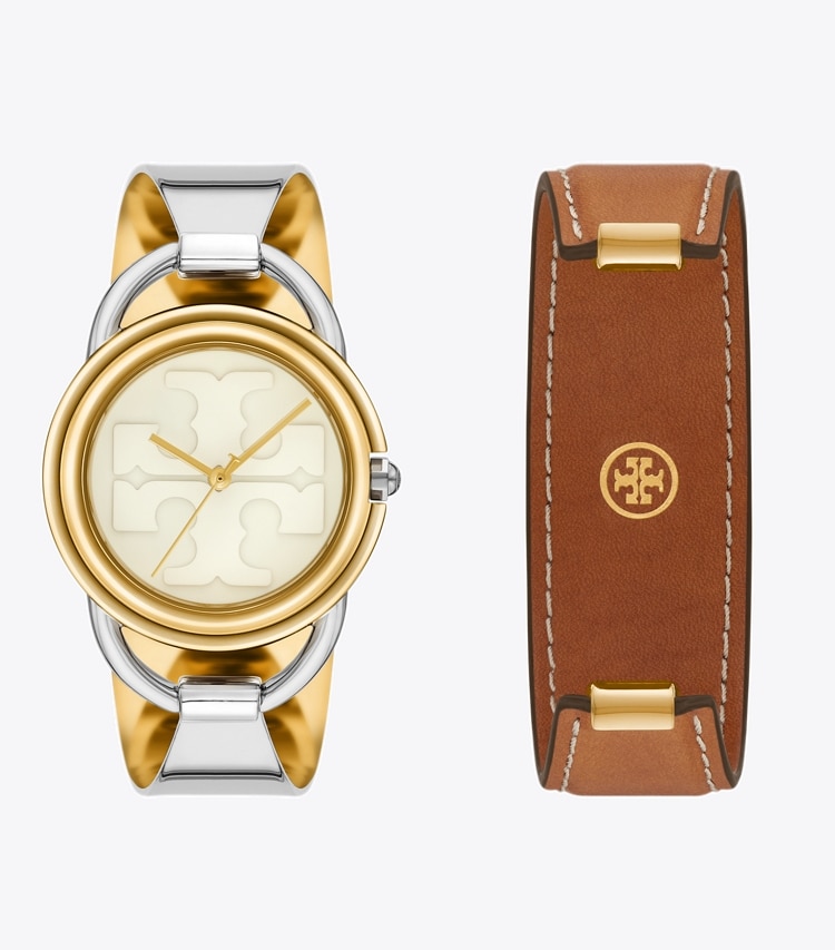TORY BURCH WOMEN'S MILLER WATCH GIFT SET, LEATHER/TWO-TONE STAINLESS STEEL - Ivory/Two-Tone/Gold/Luggage