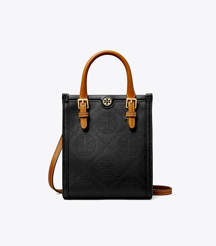 TORY BURCH WOMEN'S MINI T MONOGRAM PERFORATED TOTE - Black