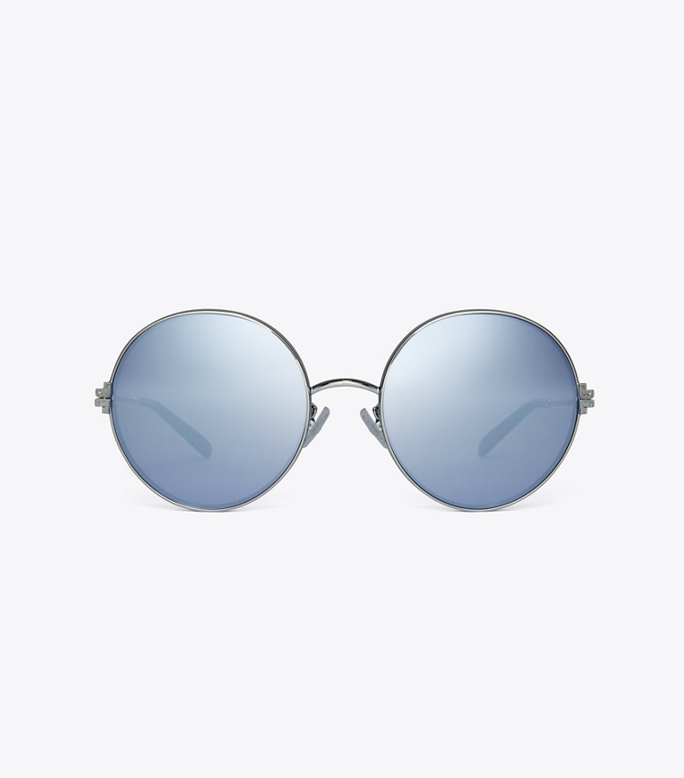 TORY BURCH WOMEN'S ELEANOR METAL ROUND SUNGLASSES - Shiny Silver/Dark Blue Mirror