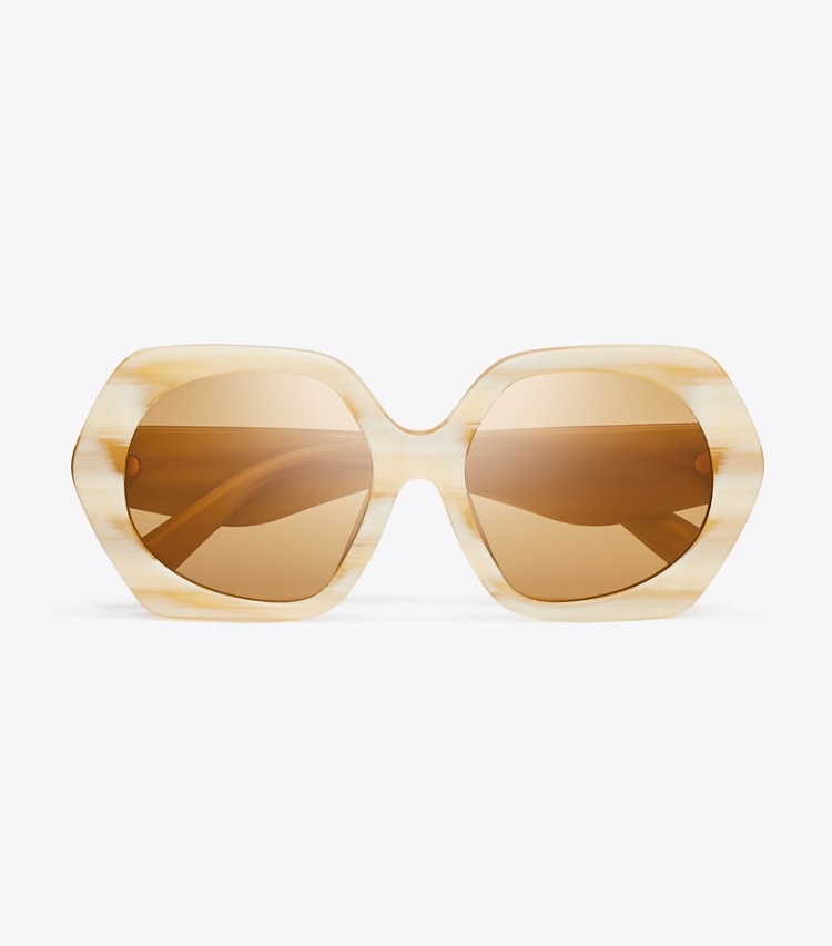 TORY BURCH WOMEN'S KIRA OVERSIZED GEOMETRIC SUNGLASSES - Ivory Horn/Ochre