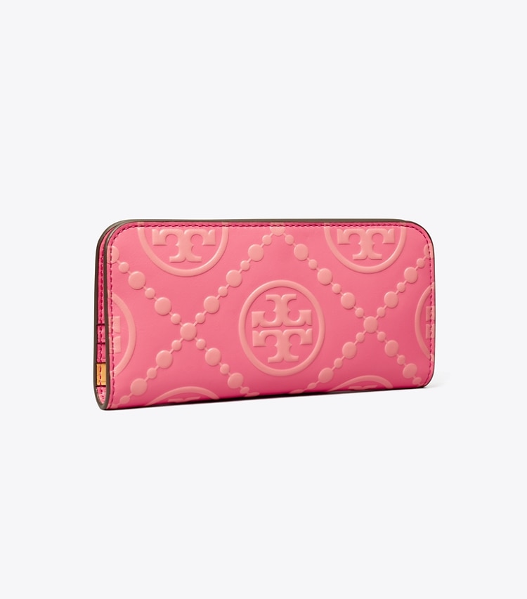 TORY BURCH WOMEN'S T MONOGRAM CONTRAST EMBOSSED ZIP SLIM WALLET - Pink Fluorite