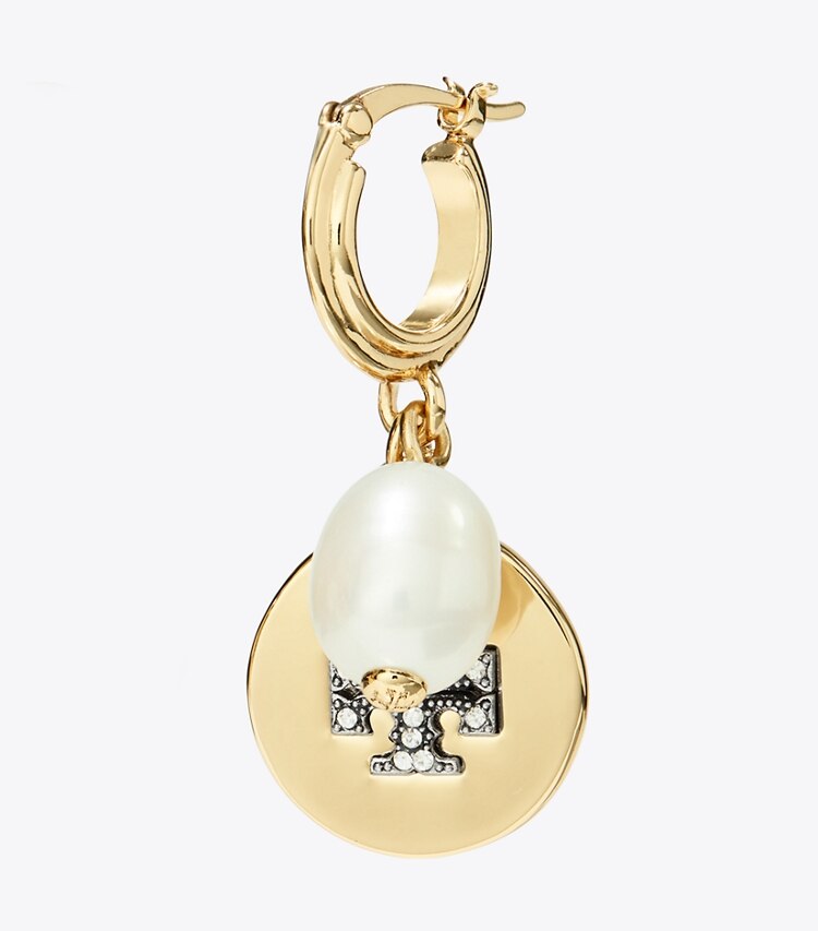 TORY BURCH WOMEN'S CHARM HOOP EARRING - Tory Gold / Cream / Crystal