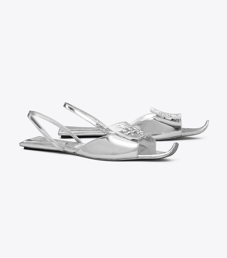 TORY BURCH WOMEN'S LOGO FLAT SLINGBACK SANDAL - Silver / Silver