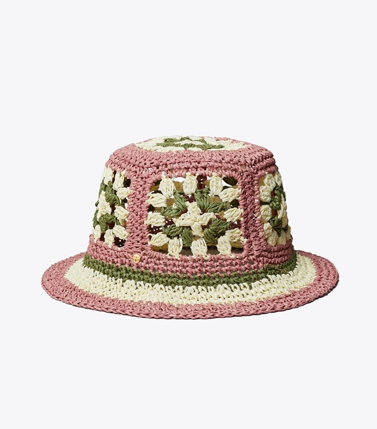 TORY BURCH WOMEN'S STRAW CROCHET SHORT-BRIM BUCKET HAT - Pink Bold Flower