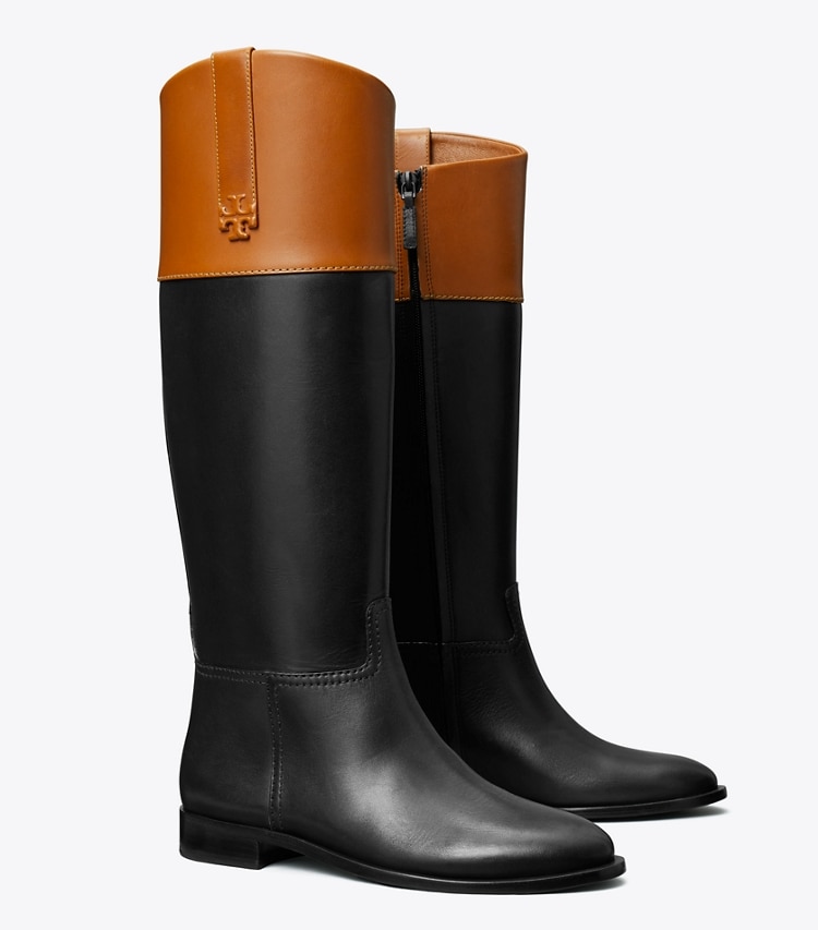 TORY BURCH WOMEN'S DOUBLE T RIDING BOOT, WIDE CALF - Perfect Black / Bourbon