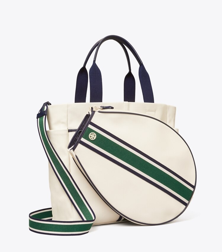 TORY BURCH WOMEN'S CONVERTIBLE STRIPE TENNIS TOTE - Ivory Pearl / Evergreen