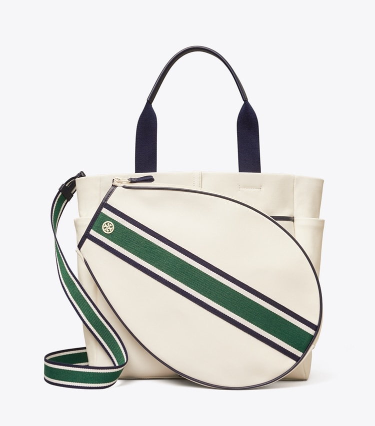 TORY BURCH WOMEN'S CONVERTIBLE STRIPE TENNIS TOTE - Ivory Pearl / Evergreen